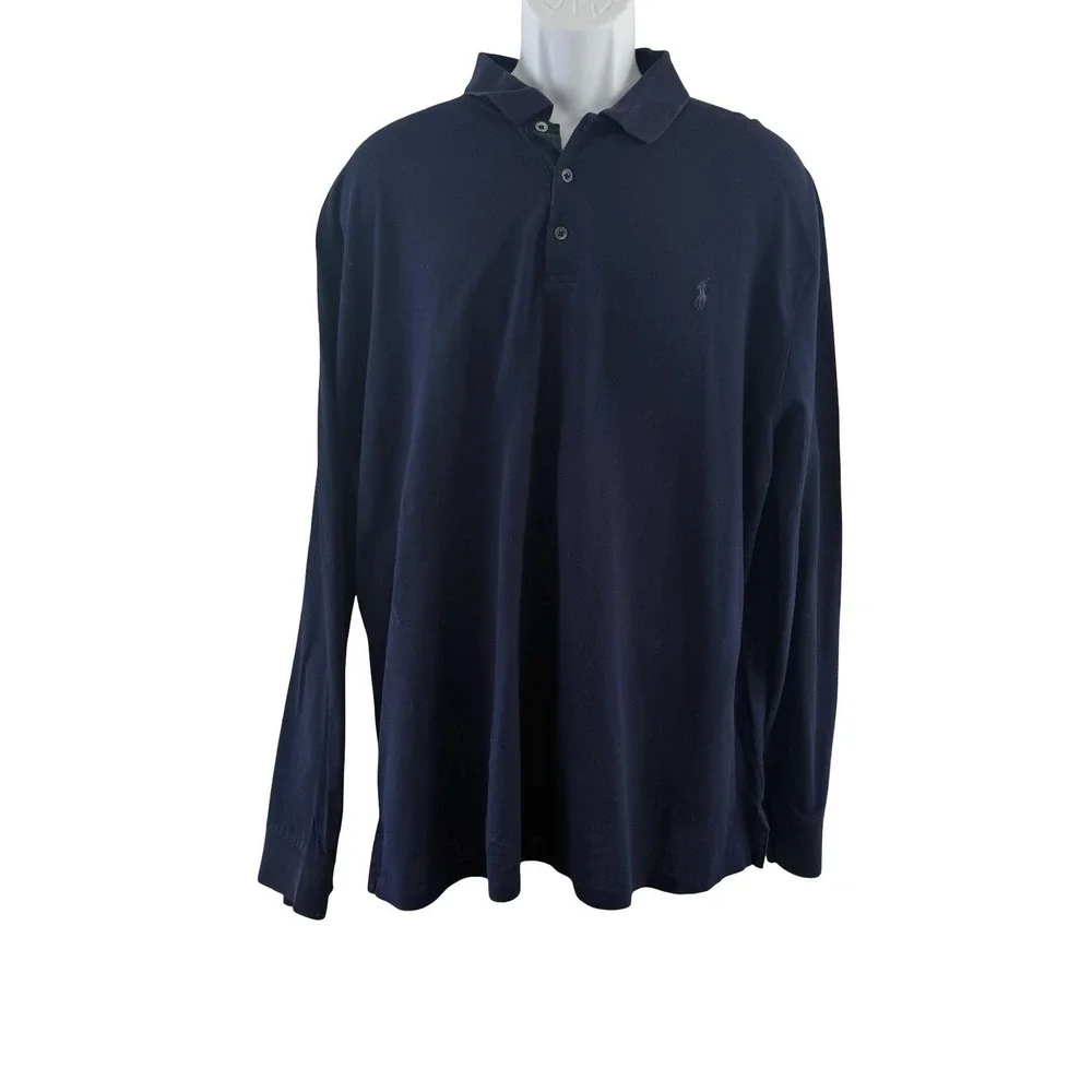 Polo Ralph Lauren Polo Shirt Mens 2XL Blue Slim Fit Pique Long Tartan Trim Prep